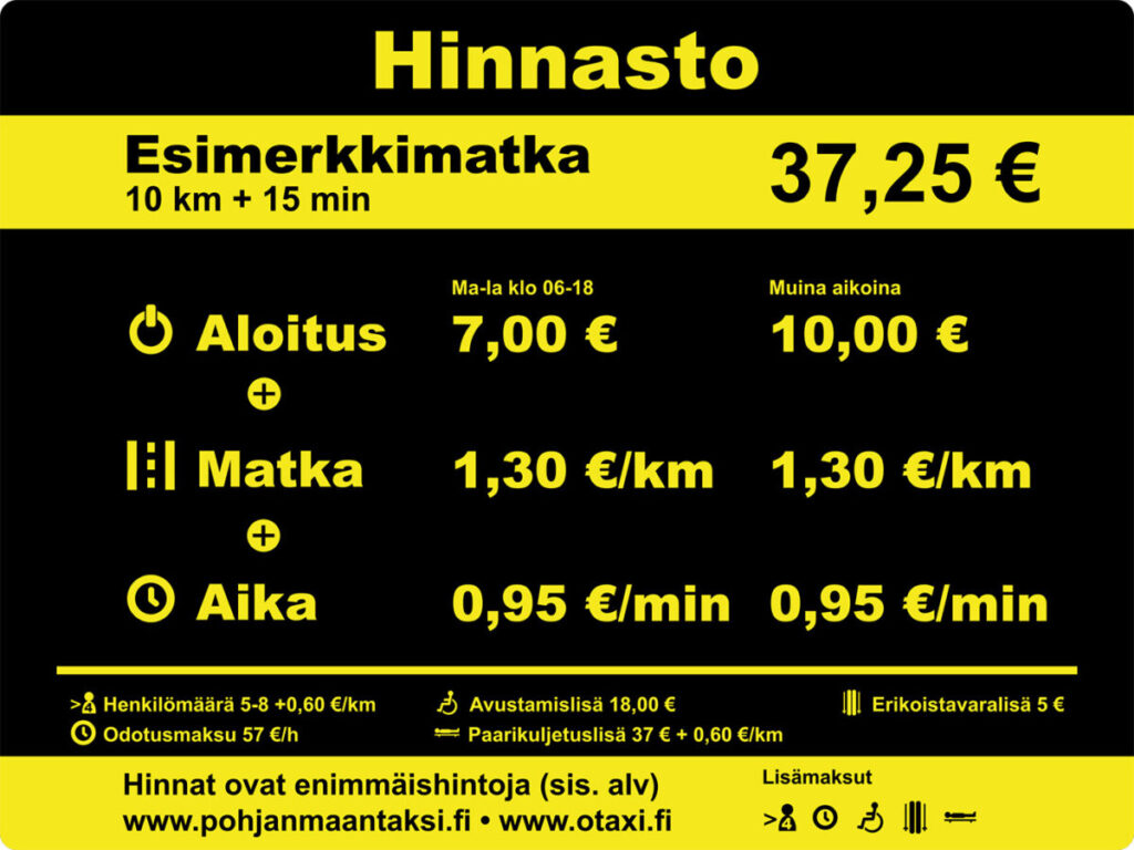 Otaxi Pohjanmaa hinnasto 1.7.2022 alkaen